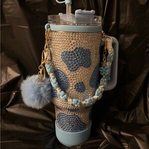 Blue Cow Print Rhinestone Tumbler with Handle
